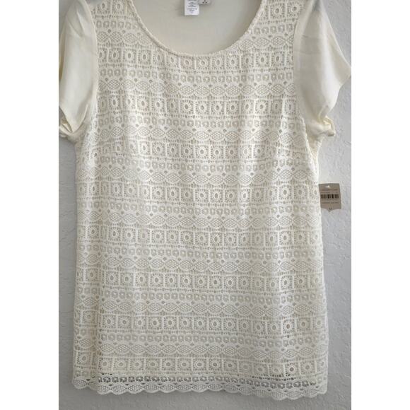 TOP/BLOUSE-COLDWATER CREEK-Cream-Lace Front-Short Sleeves-SIZE M (8-10) - Picture 2 of 10